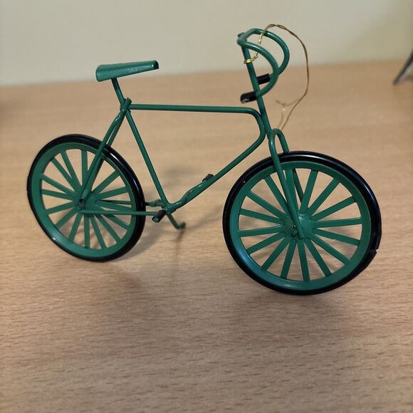 Christmas Ornament Green Metal Bicycle 4" x 5-1/2" Rider Cyclist Preowned - Picture 3 of 5